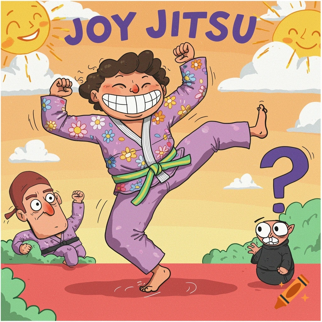Cartoon illustration of a cheerful person doing a high kick in a floral gi, with two confused figures nearby and smiling suns, text 'JOY JITSU'