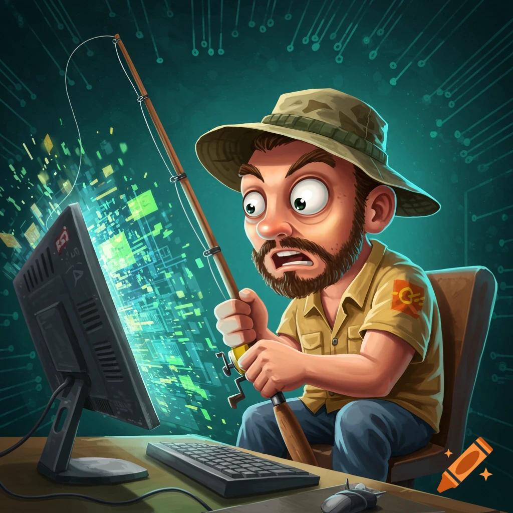 A cartoon man fishes data streams from a computer monitor in a humorous digital illustration.