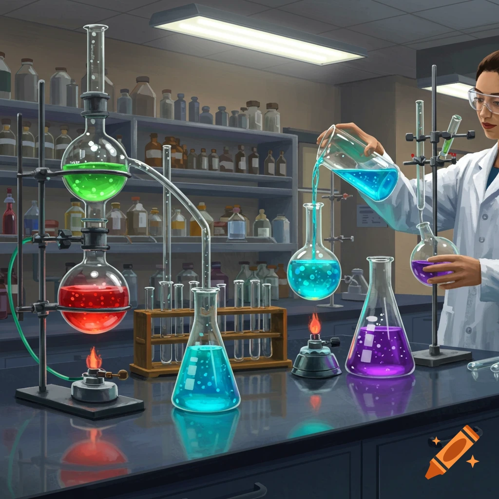 A scientist working in a chemistry laboratory with beakers and colorful liquids.