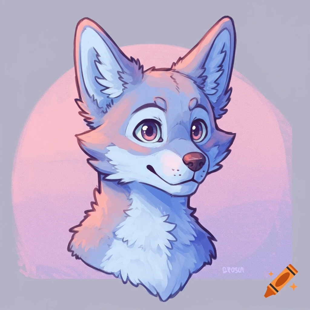 A cute stylized furry animal head against a pastel background.