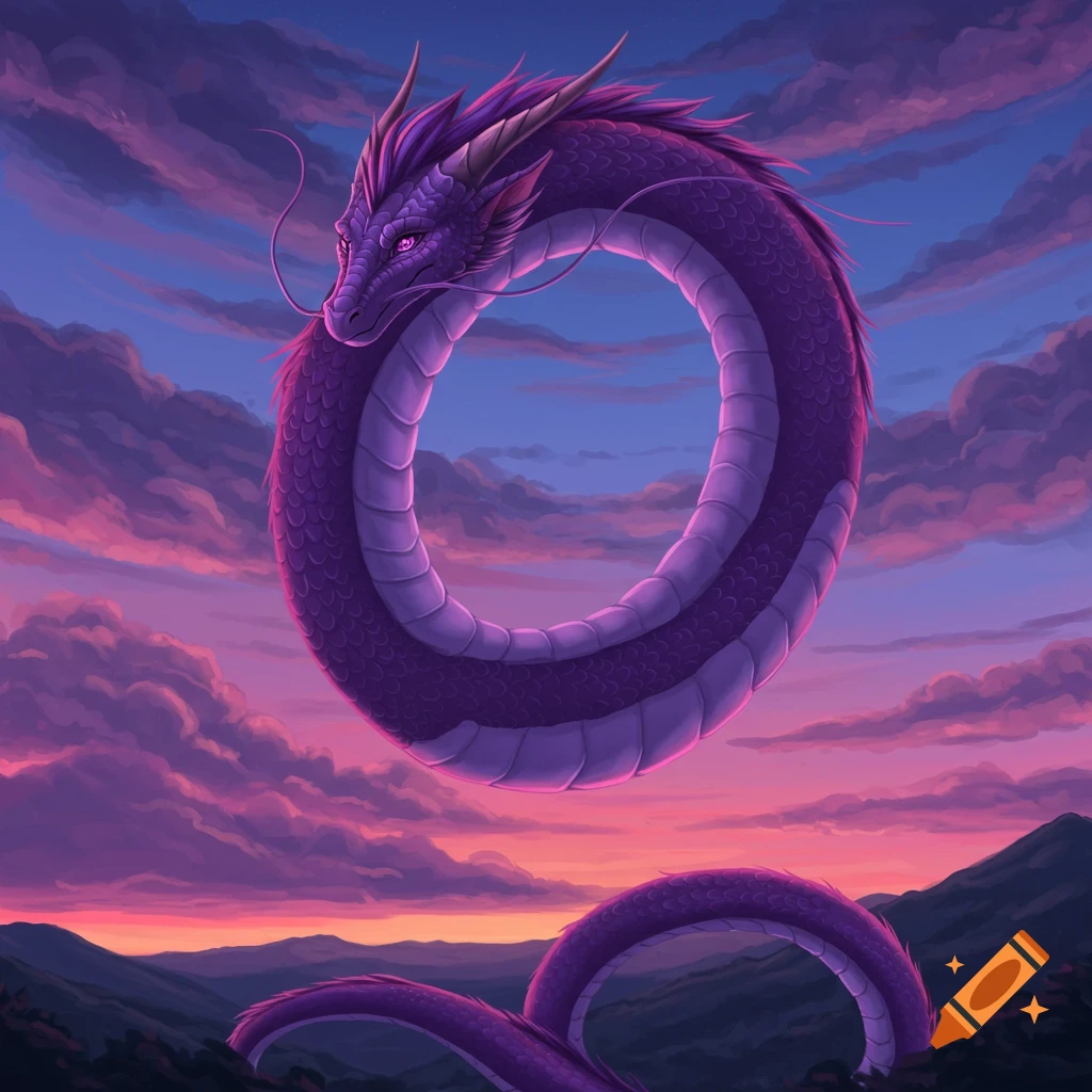 A purple dragon looped in a circle shape against a sunset sky with pink clouds over mountains.