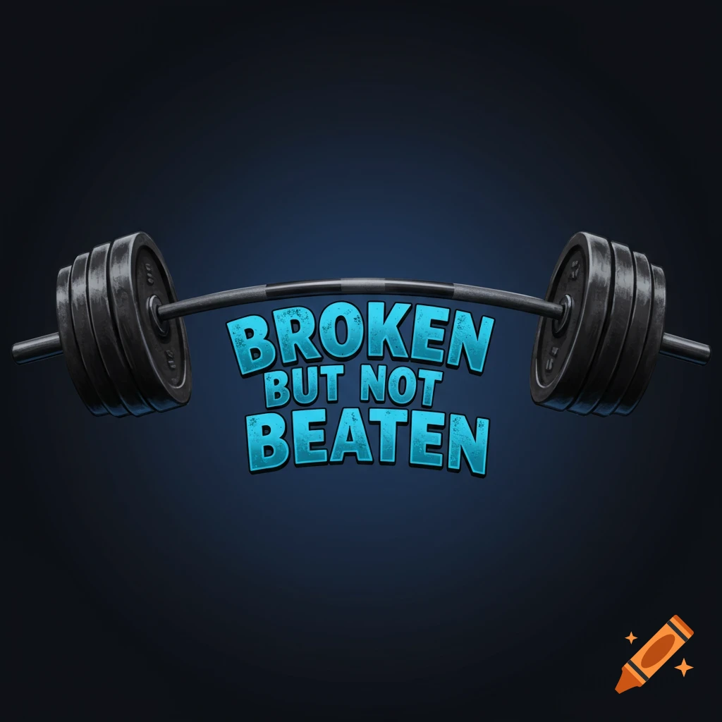 a bent barbell with the words "BROKEN BUT NOT BEATEN".