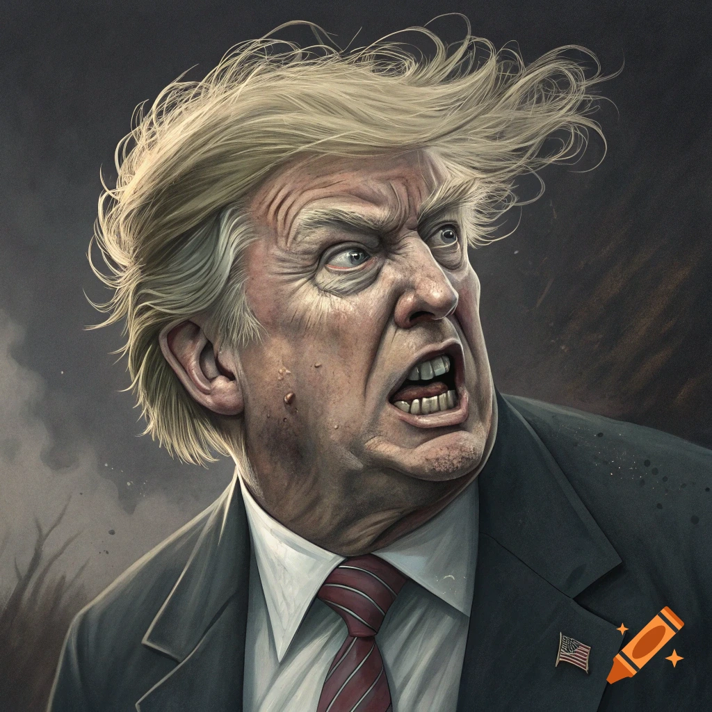 Stylized portrait of Donald Trump with an angry, exaggerated expression and messy hair.