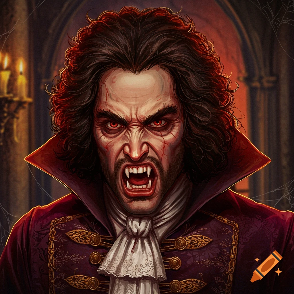 An angry vampire with fangs and red eyes