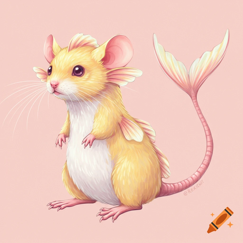 A yellow mouse-fish hybrid with fins and a fish tail on a pink background.