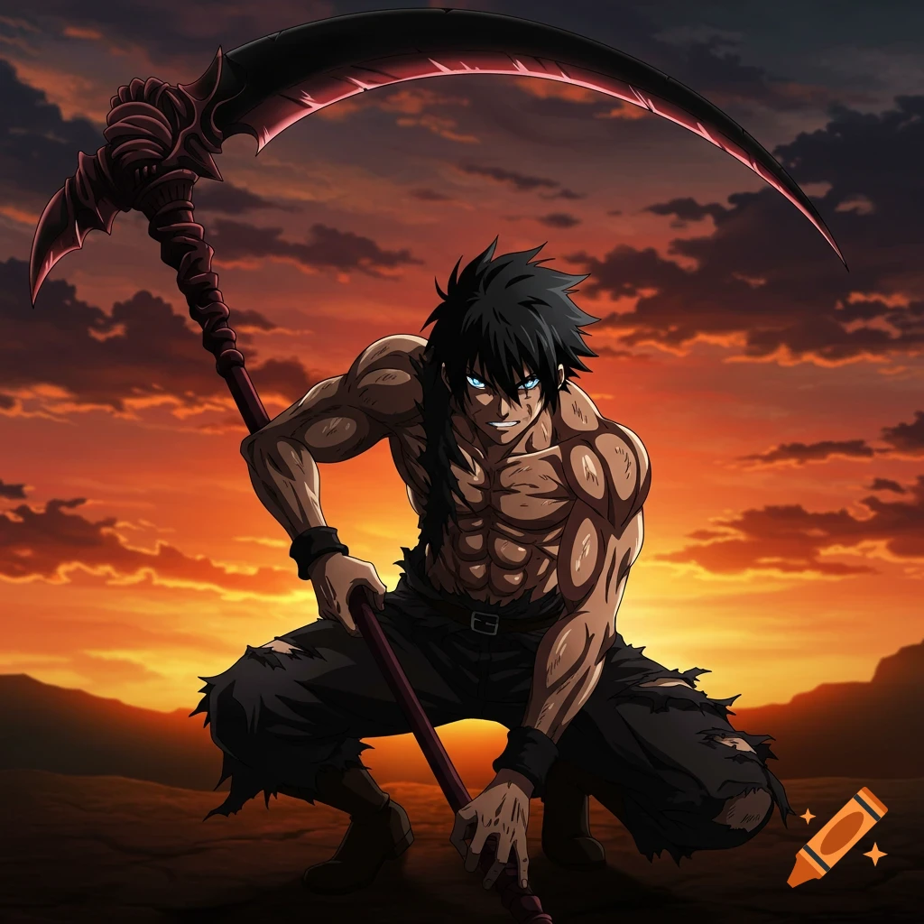 Muscular anime man with scythe kneels against a sunset background.
