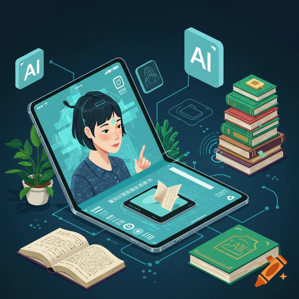 A stylized illustration of a folding tablet displaying a virtual AI assistant, surrounded by books and technology elements.