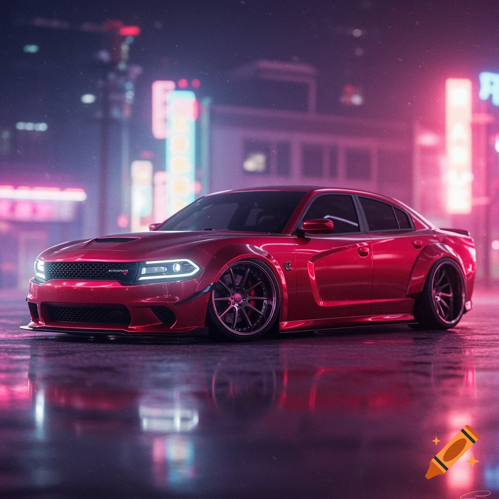 A red wide-body Dodge Charger on a wet street at night, with blurred neon city lights reflected on the ground.