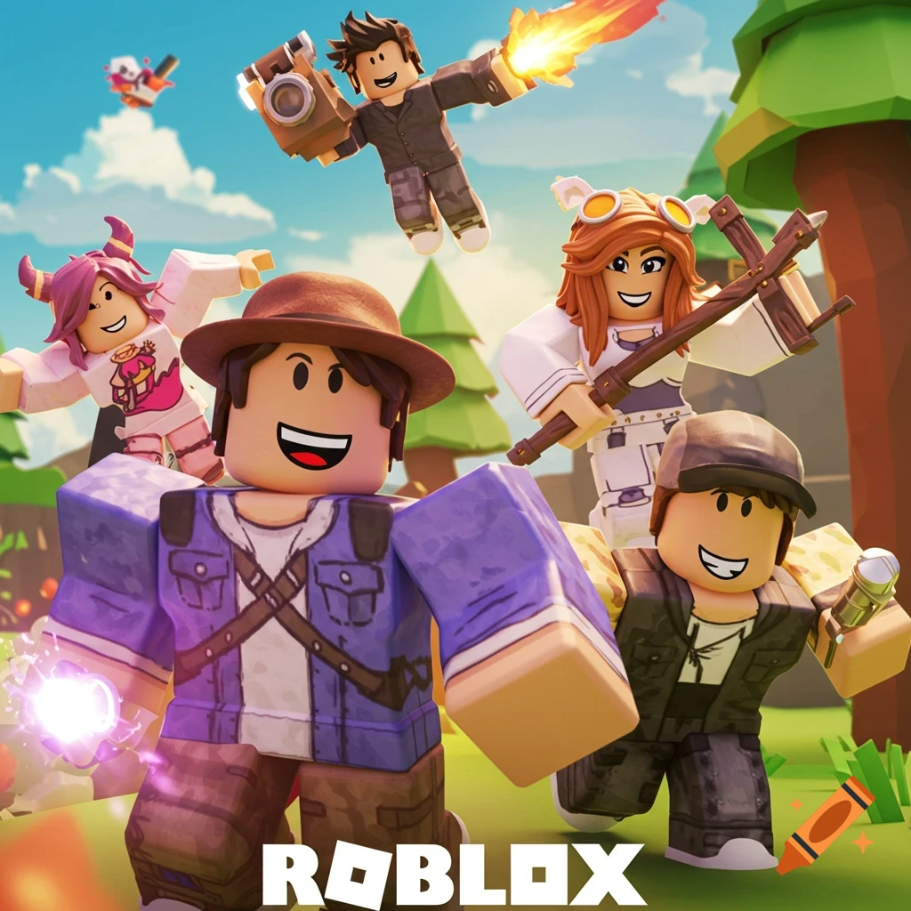 Four cartoon characters resembling Roblox avatars stand in a grassy ...