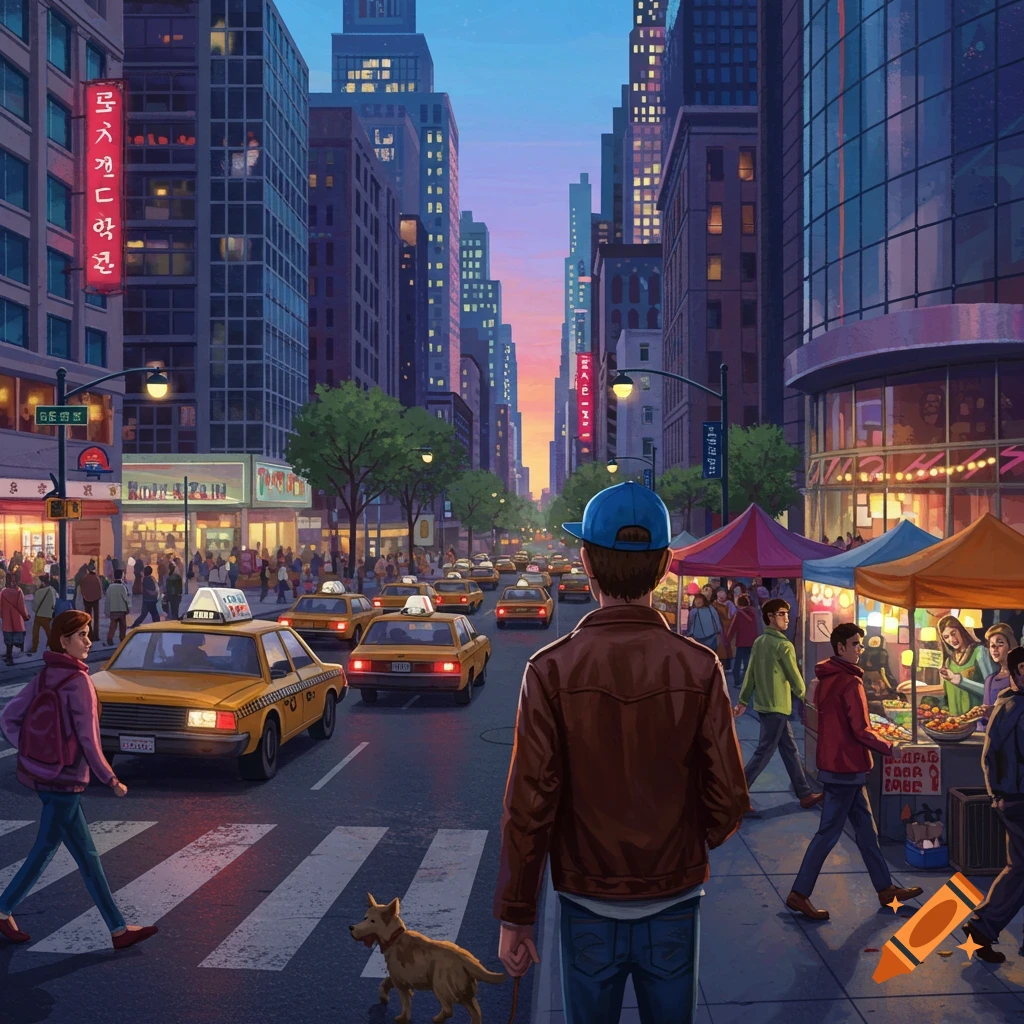 A bustling city street at sunset with people, taxis, buildings, and street vendors.