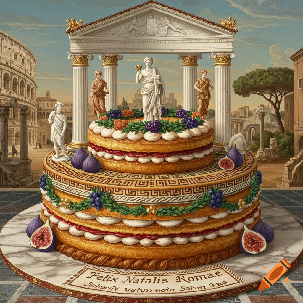 Roman themed birthday cake with classical sculptures and temple in background