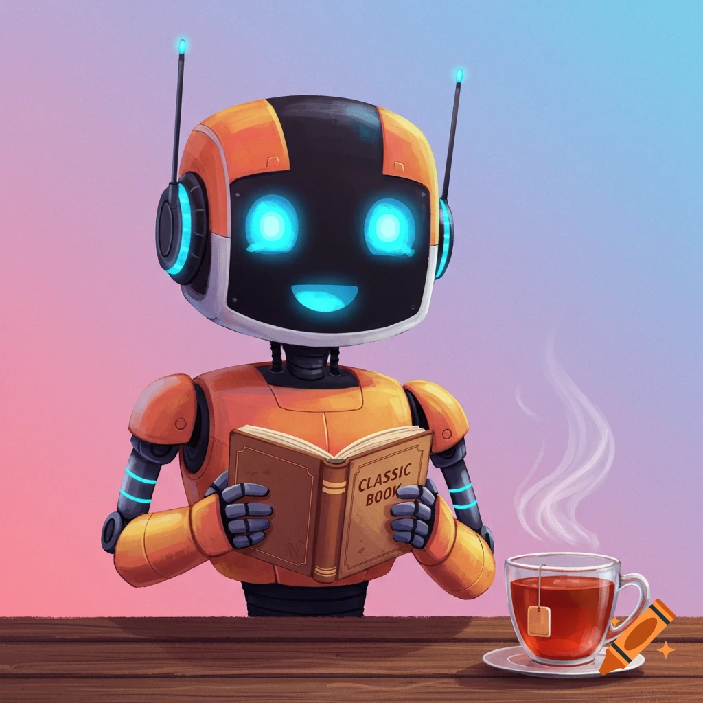 A cute orange robot reads a book while drinking tea.