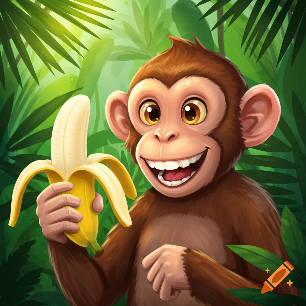 A cartoon monkey holds a peeled banana in a jungle.