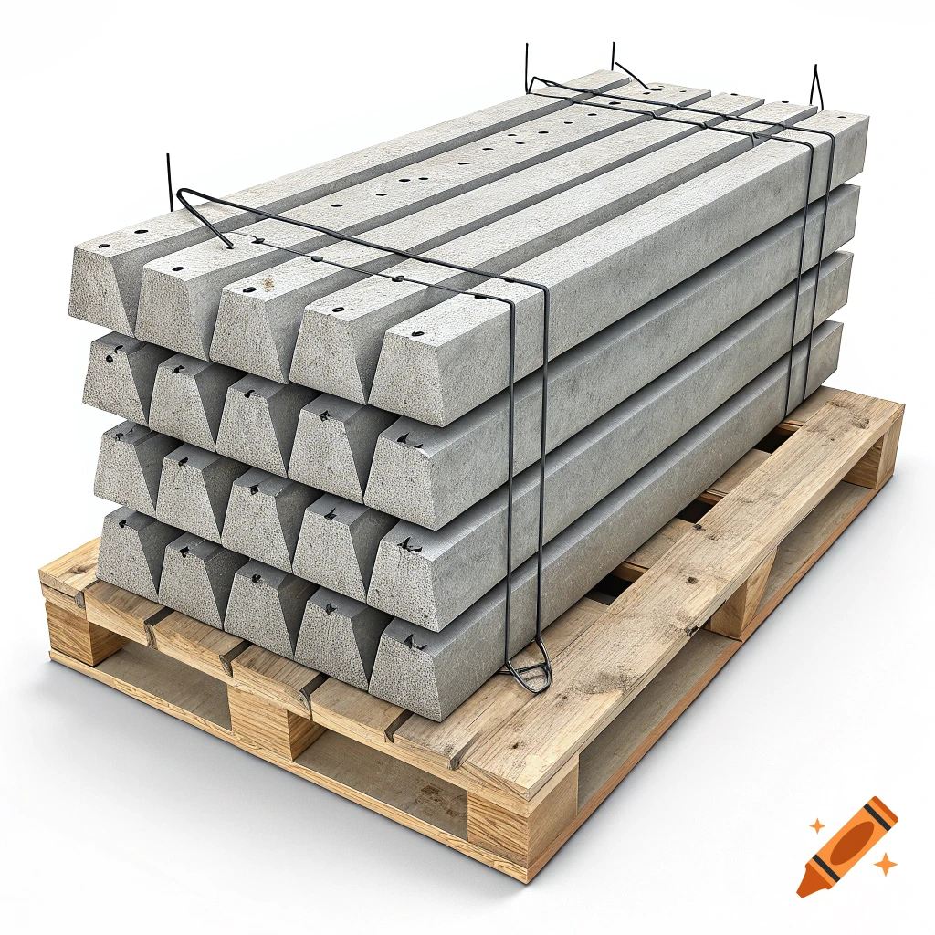 A stack of concrete stakes bundled together on a wooden pallet.