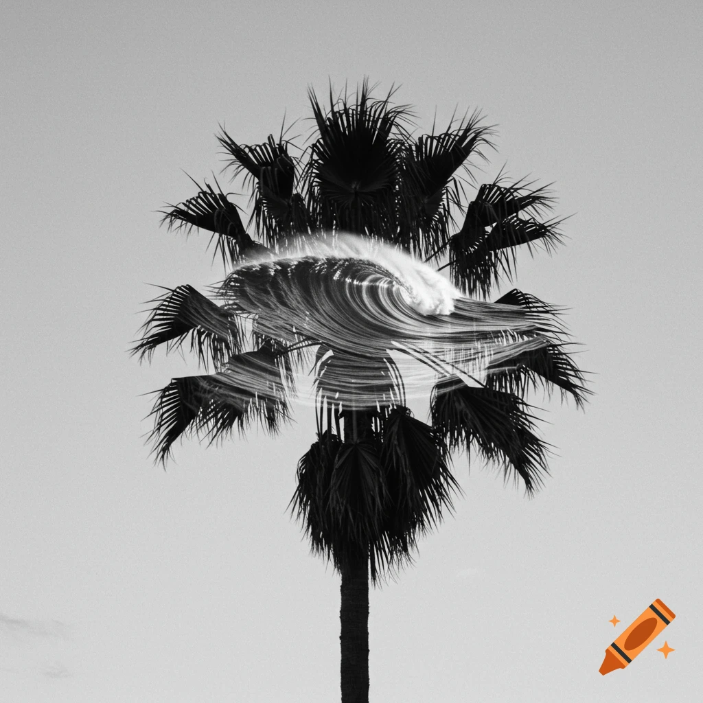 Black and white photo of a palm tree with ocean waves as leaves.
