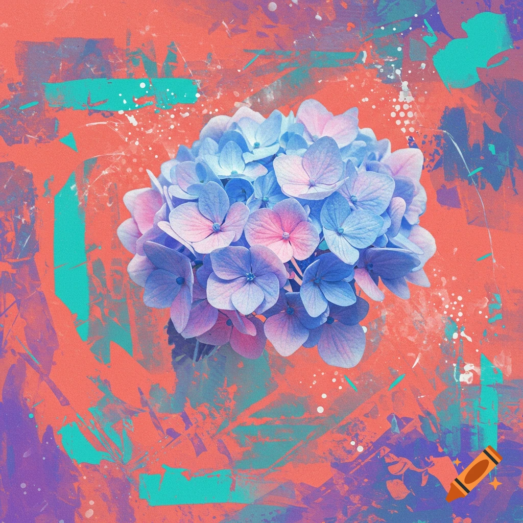 Blue and pink flowers stand out against an abstract coral and teal background.