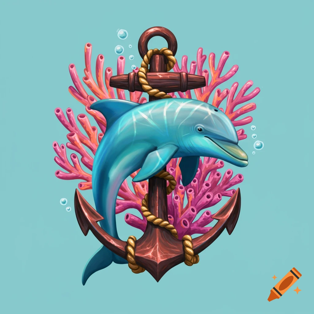 A blue dolphin wrapped around a brown anchor with pink coral
