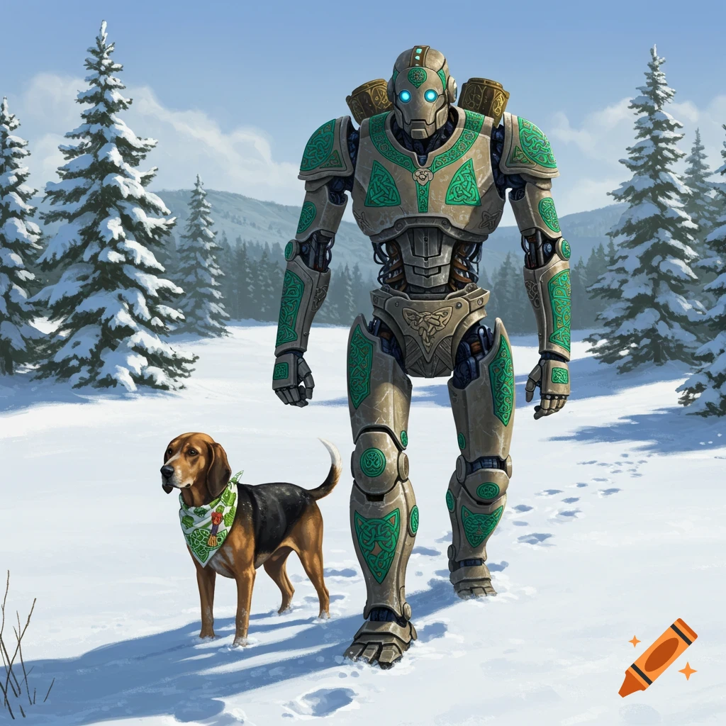 A robot and a coonhound wearing Celtic-patterned apparel walk in a snowy winter landscape.