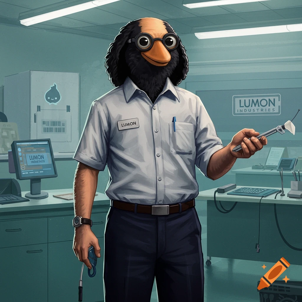 A bird person in a white office shirt standing in an office, holding tools.