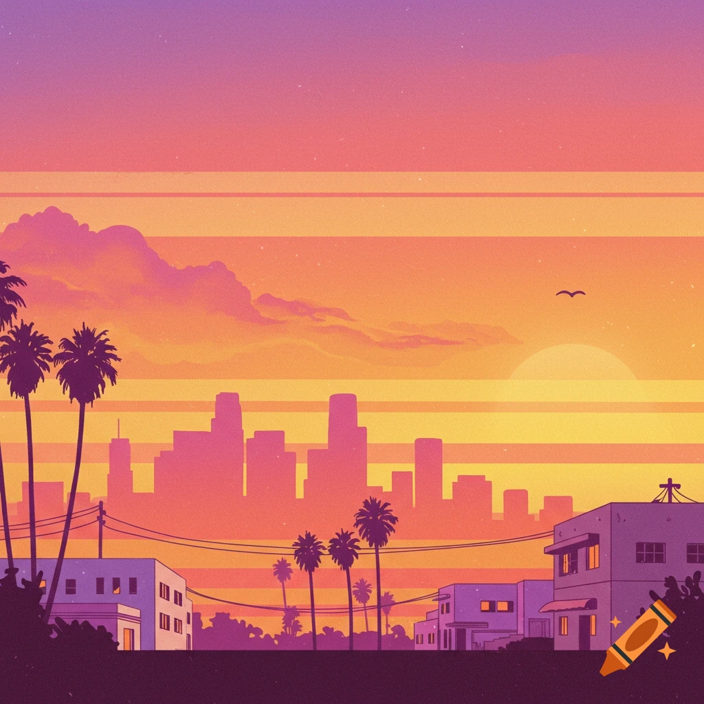 A stylized city skyline with palm trees silhouetted against a vibrant orange and purple sunset.