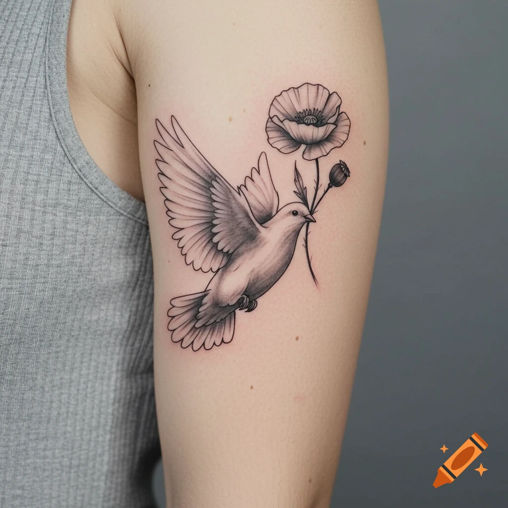 Black and gray tattoo of a dove carrying a poppy in its beak on an arm.