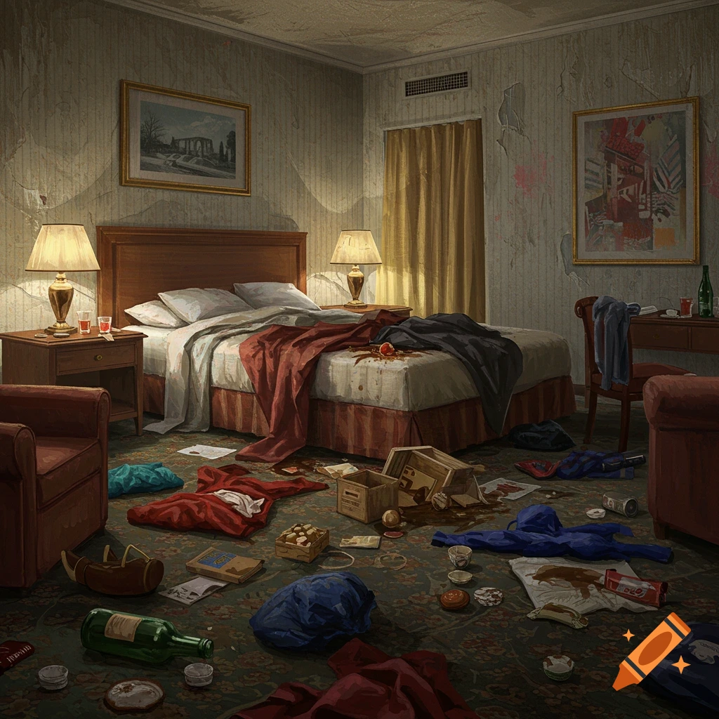 A messy, trashed hotel room with clothes and trash on the floor.