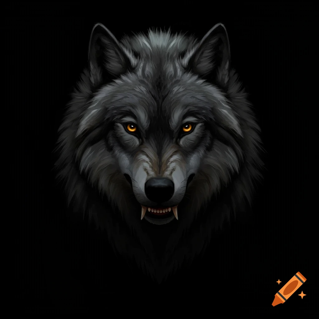 A fierce wolf with glowing eyes is depicted in darkness.