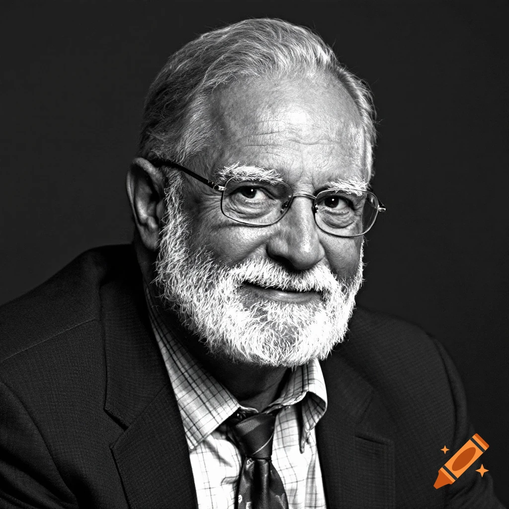 A black and white portrait of an older man with a white beard and glasses, wearing a suit and tie.