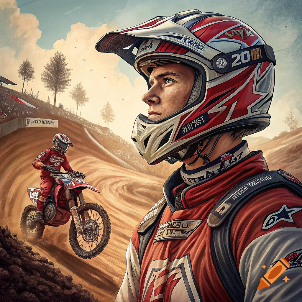 Motocross rider in red gear on a dirt track with another rider in the background