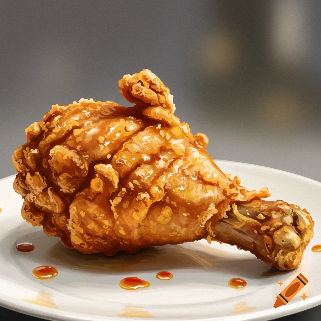 A fried chicken drumstick rests on a white plate, adorned with scattered drops of sauce.