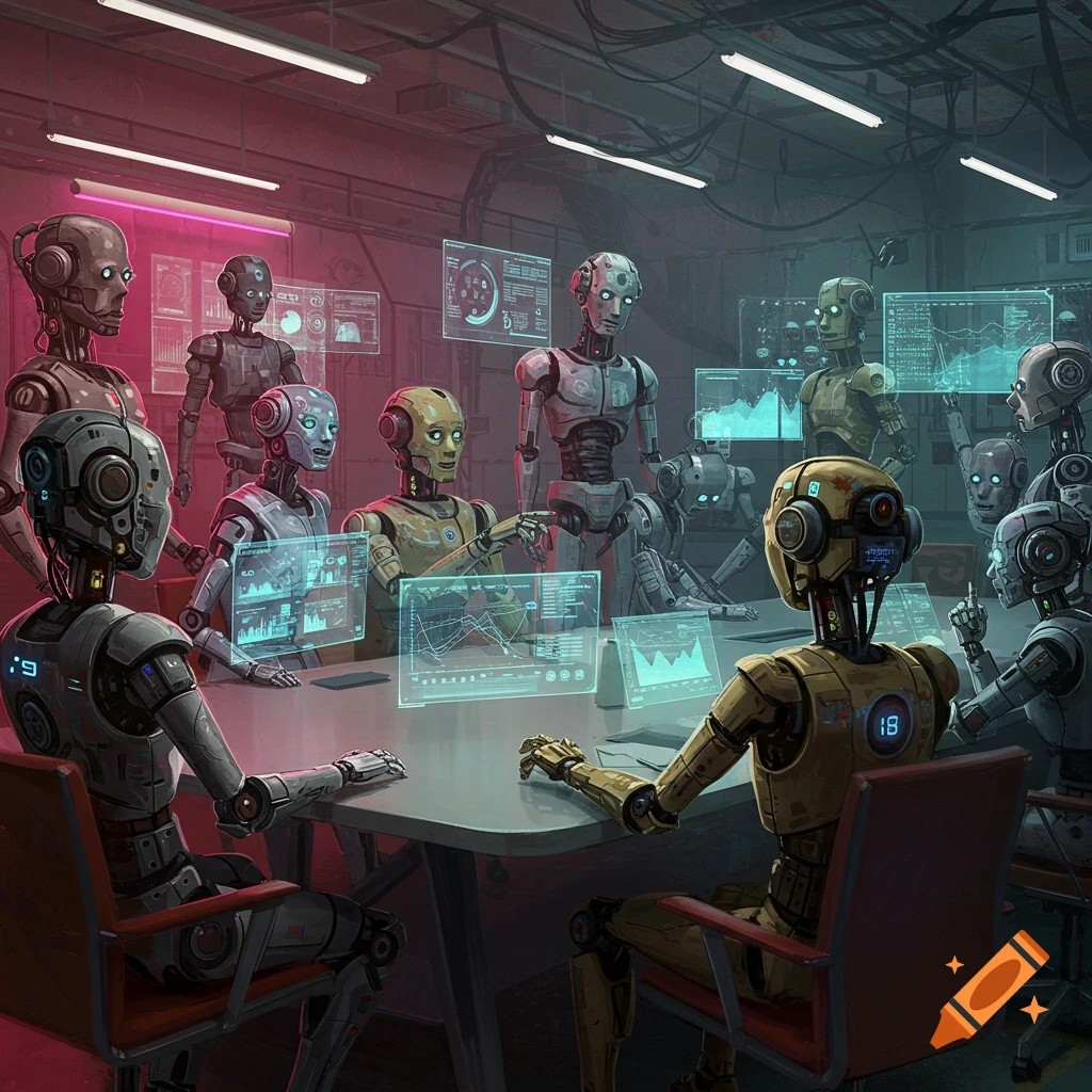 Multiple robots sitting around a table in a meeting room with holographic screens.