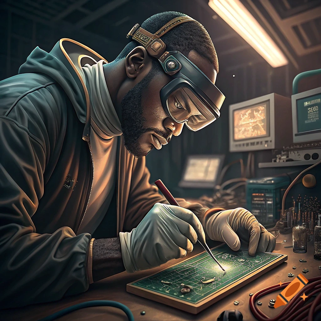 A person in safety goggles and gloves solders a circuit board in a workshop, digital art.