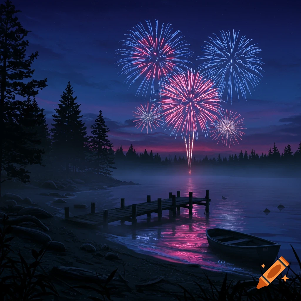 Fireworks over a lake with a dock and boat at night.