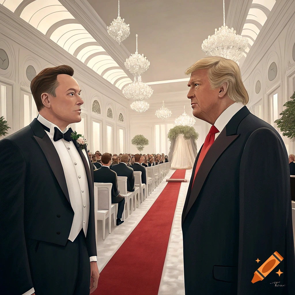 Elon Musk and Donald Trump in tuxedos at a wedding ceremony.