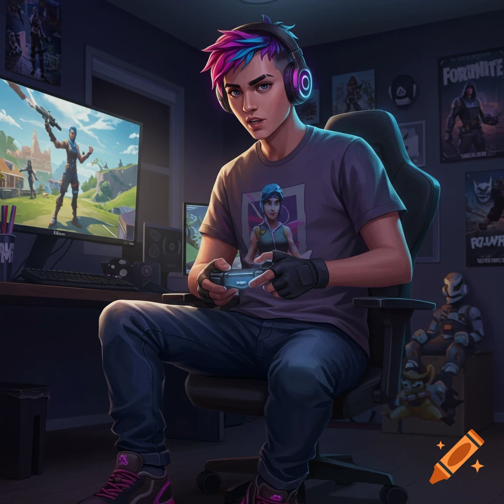 Young person with colorful hair playing a video game on a monitor in a bedroom, stylized digital art.