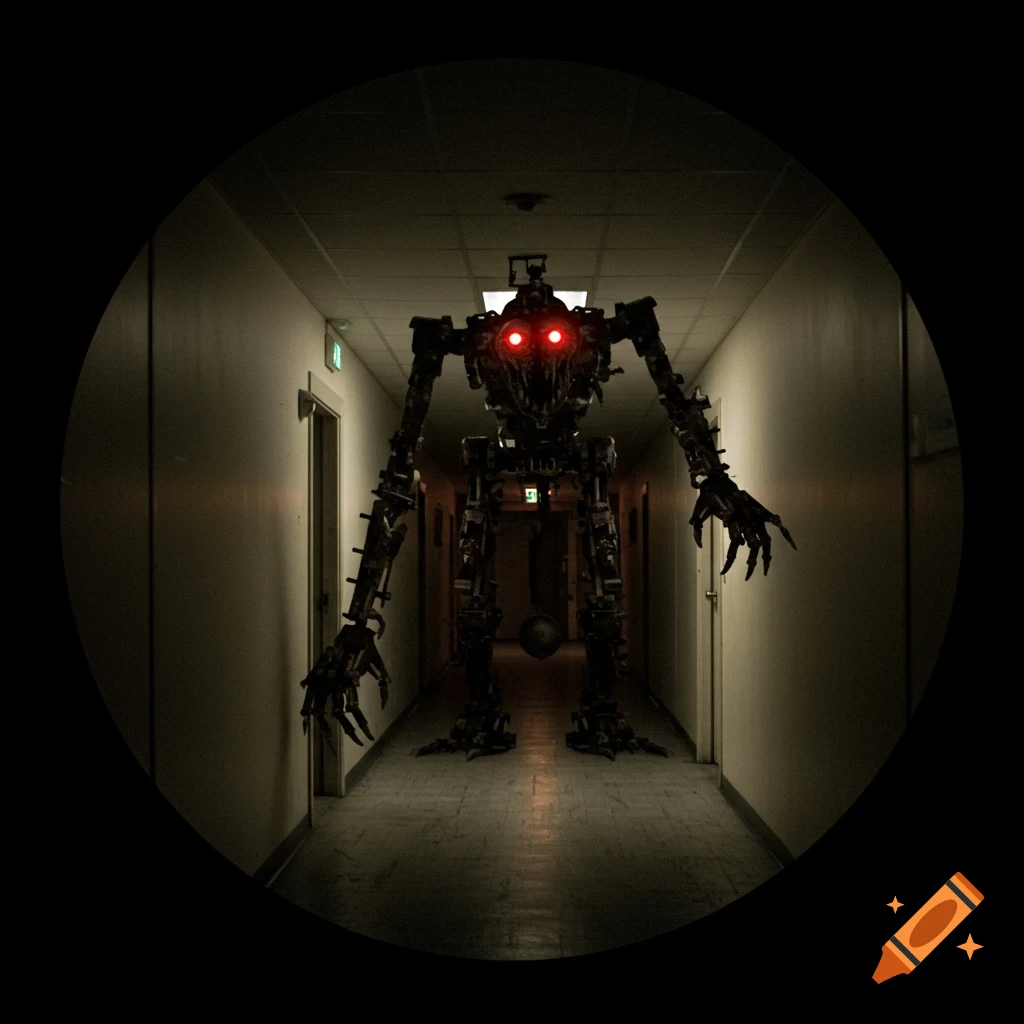 Menacing robot with glowing red eyes stands in a dark hallway, viewed through a circular lens.