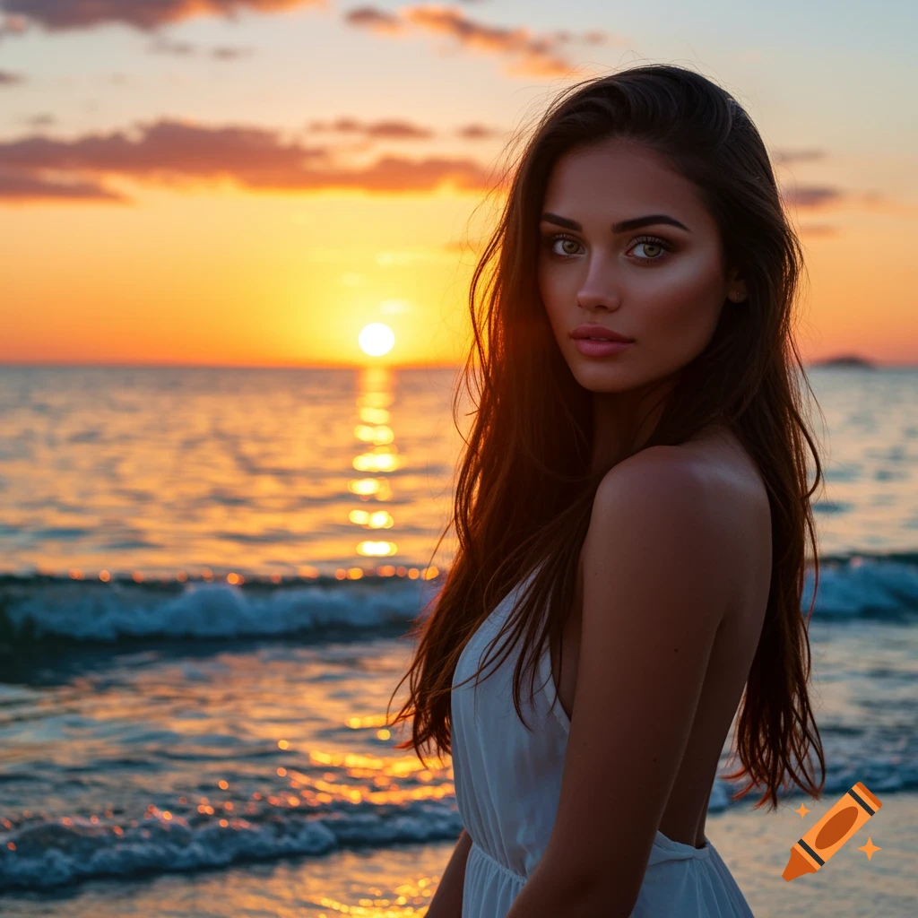 A woman in a white dress stands on a beach during sunset.