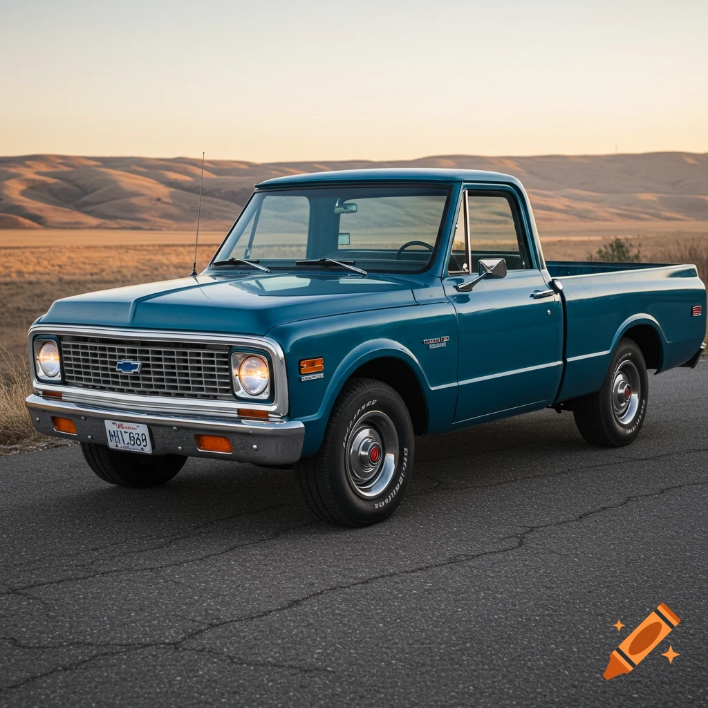 A teal classic Chevrolet C10 pickup truck is parked on a road with rolling hills in the background at sunset.