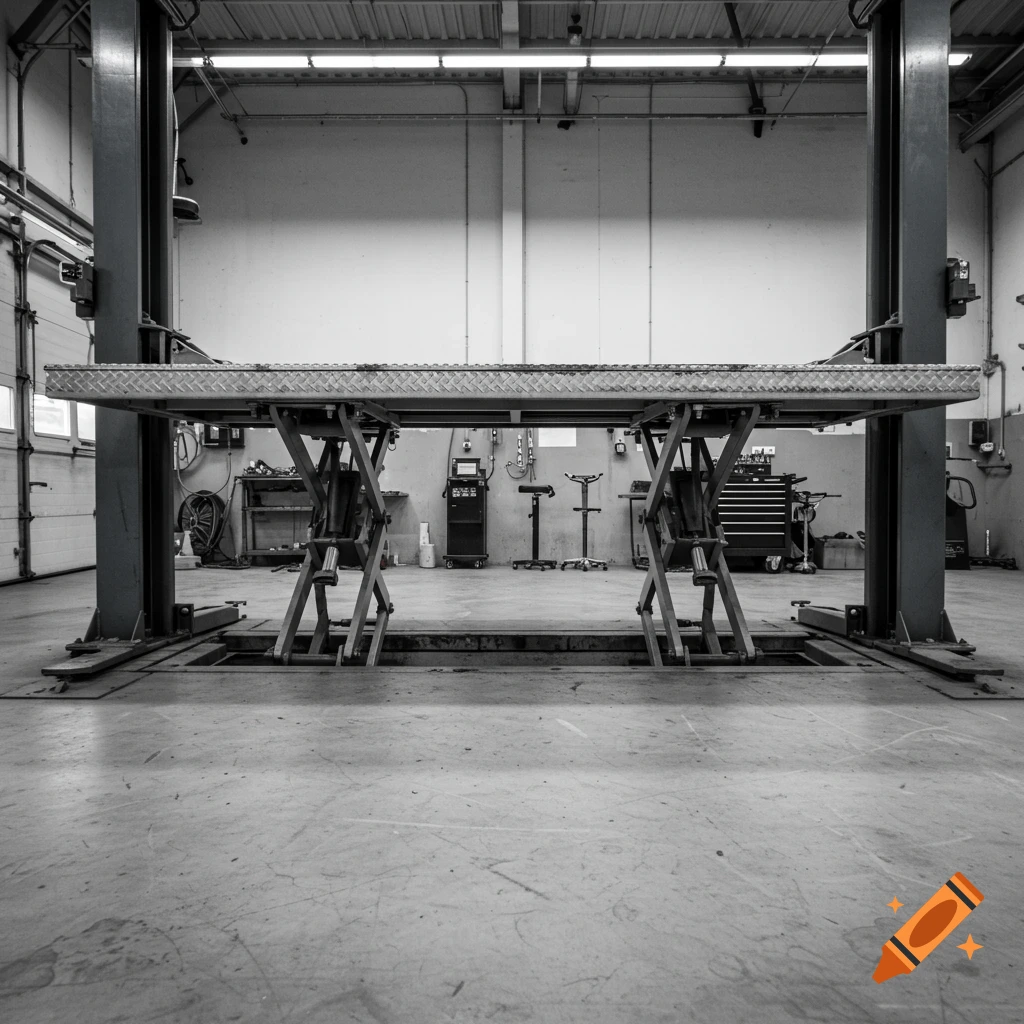 Black and white photo of a car lift in a garage.