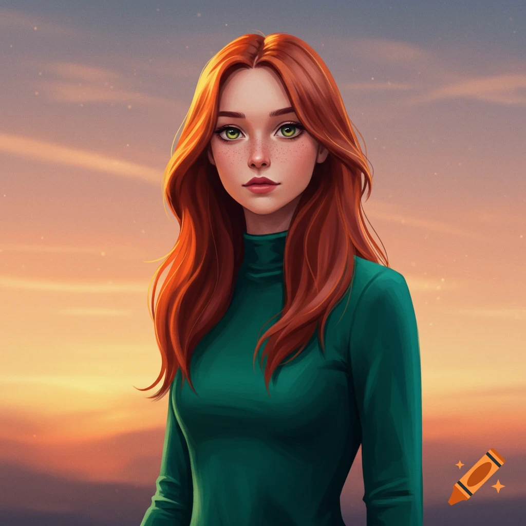 A woman with red hair and green eyes wears a green turtleneck against a sunset sky.
