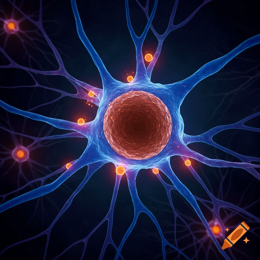 Digital illustration of a neuron with a red cell body and blue dendrites.