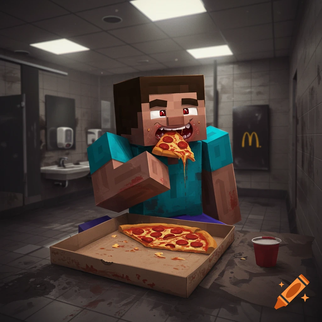 Minecraft Steve eating pizza in a McDonald's bathroom.