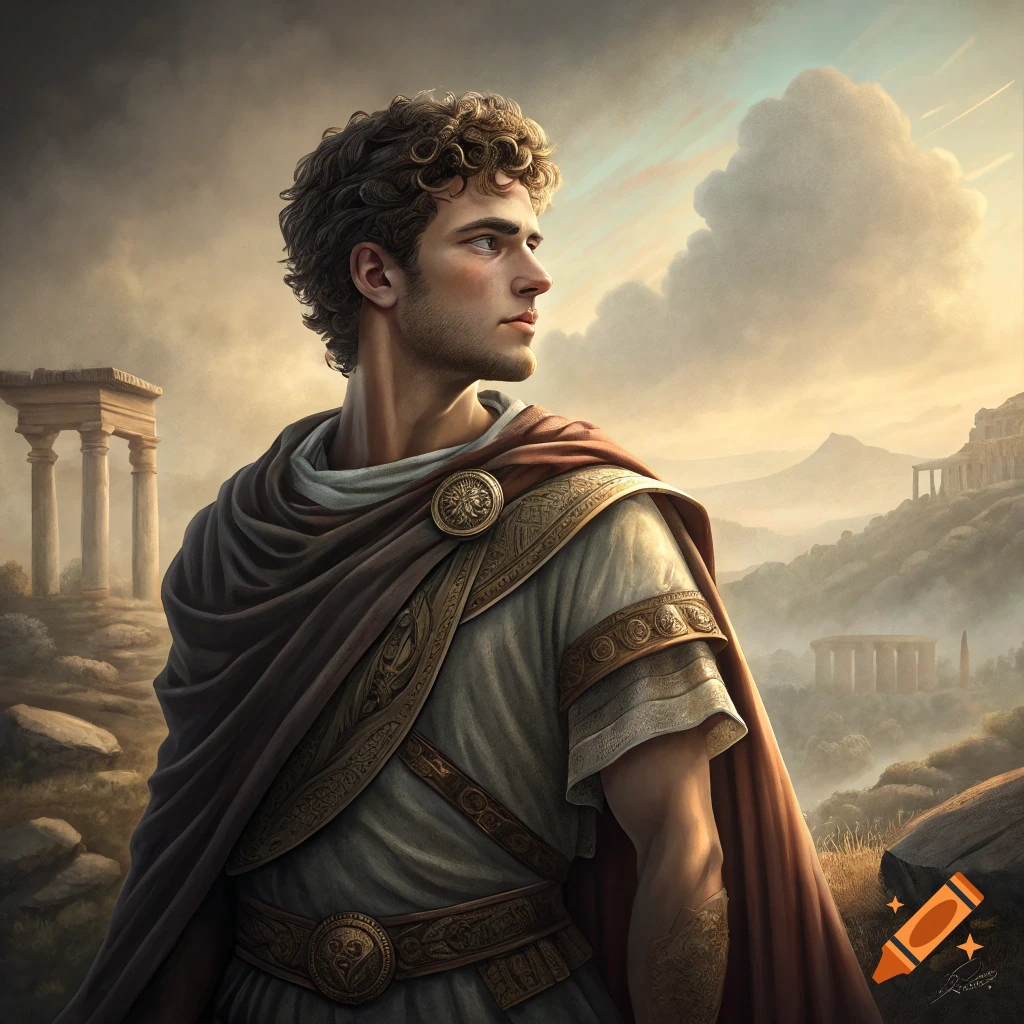 A man in ancient attire stands before classical ruins at sunset.