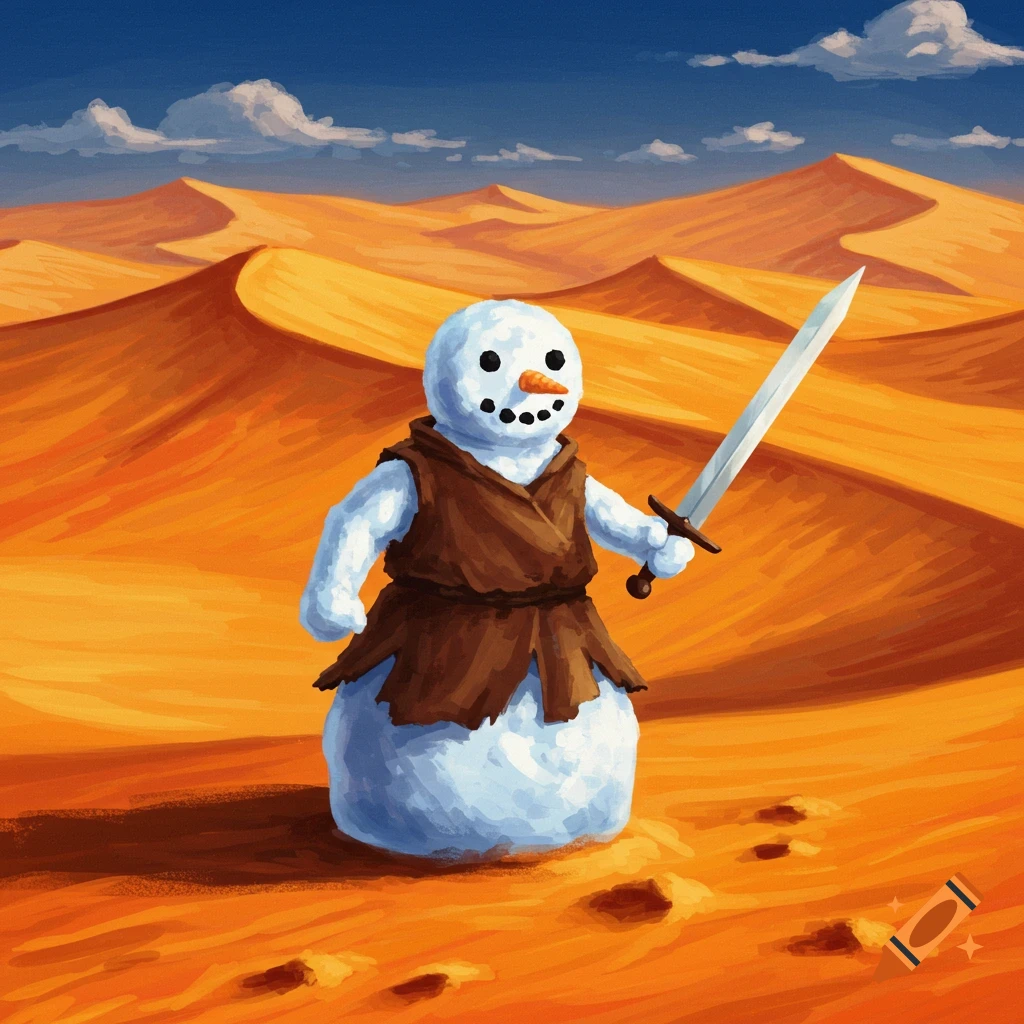 A snowman warrior with a sword stands in a desert landscape with sand dunes under a blue sky.