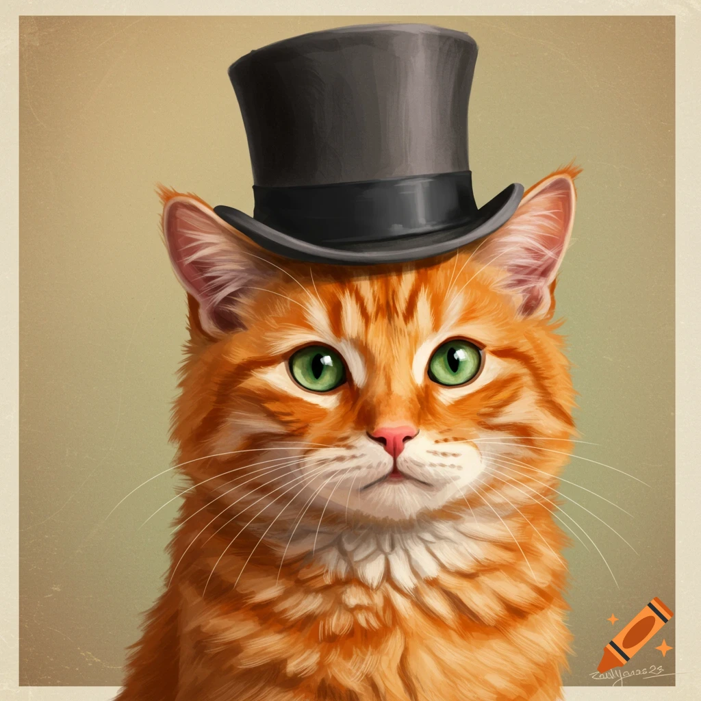 An orange tabby cat wears a black top hat.