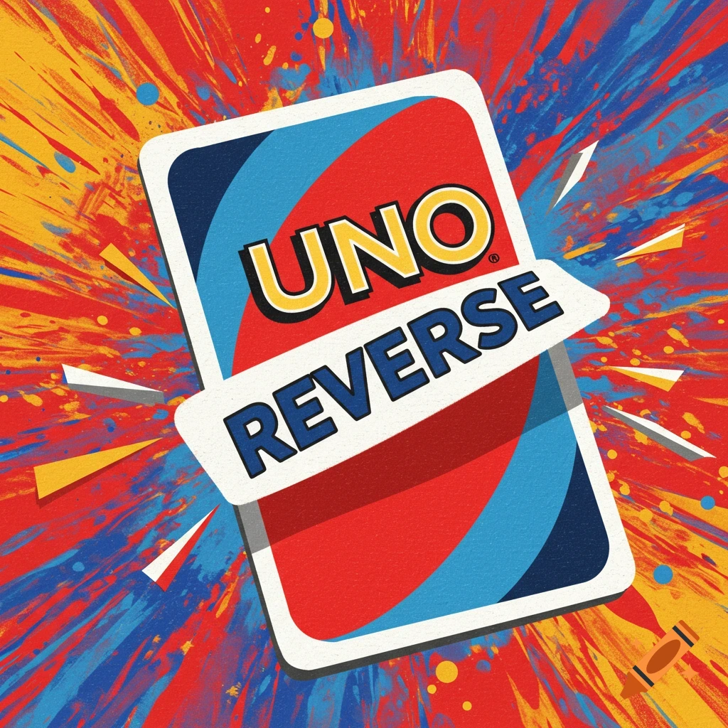 A Uno Reverse card is against a background of red, blue, and yellow paint splatters.