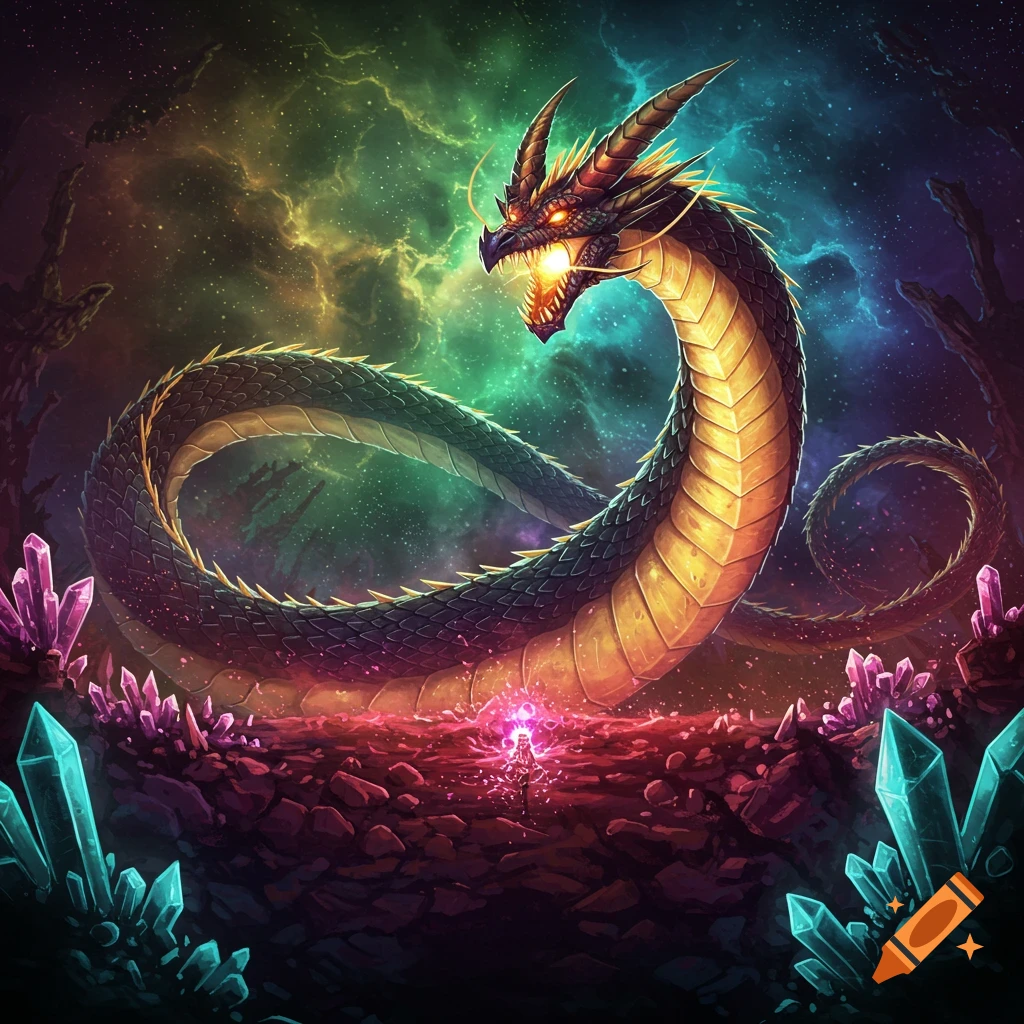 A large fantasy dragon in a glowing cavern with colorful crystals and a cosmic sky.