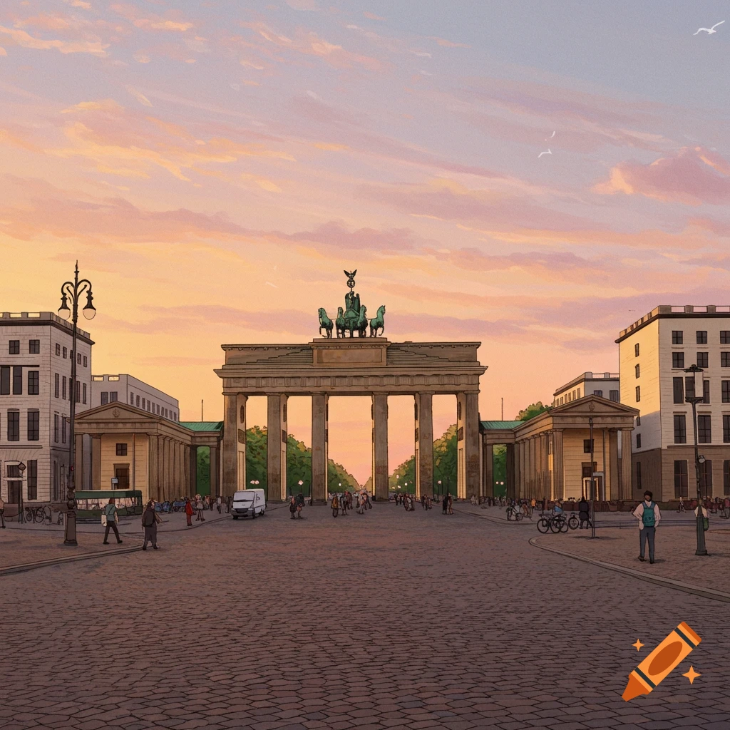 The Brandenburg Gate in Berlin at sunset with people walking on the cobblestone street.