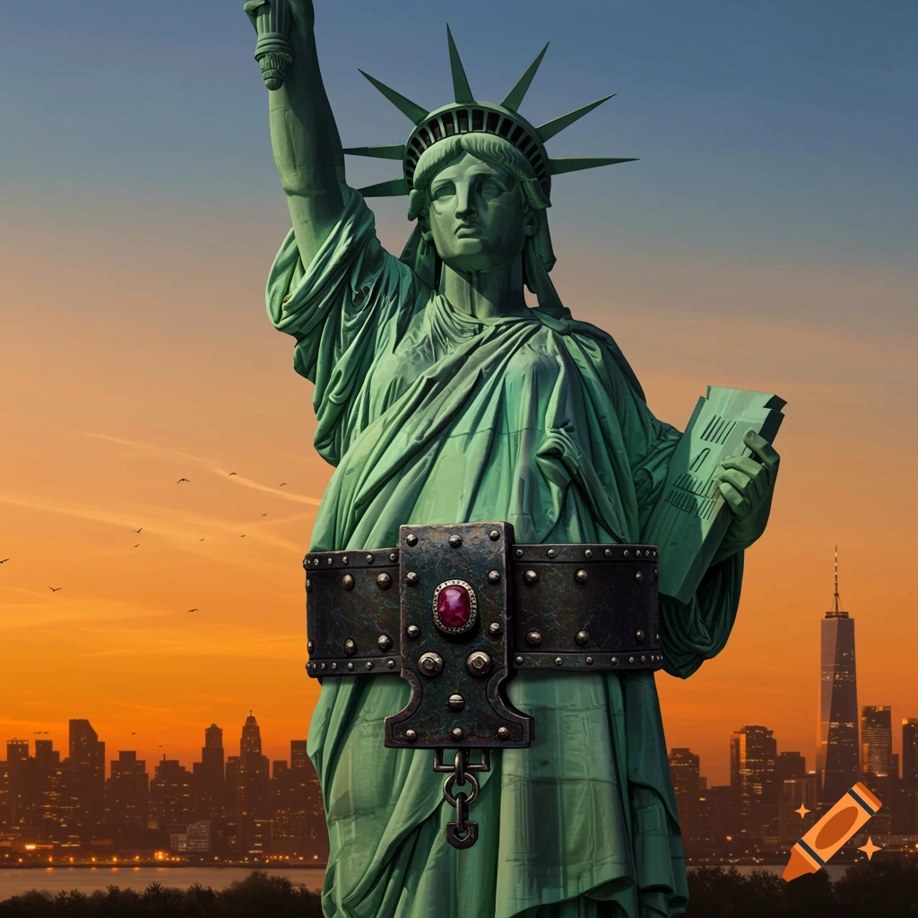 The Statue of Liberty is shown wearing an ornate metal belt.  She stands against a twilight sky and a blurred city skyline.