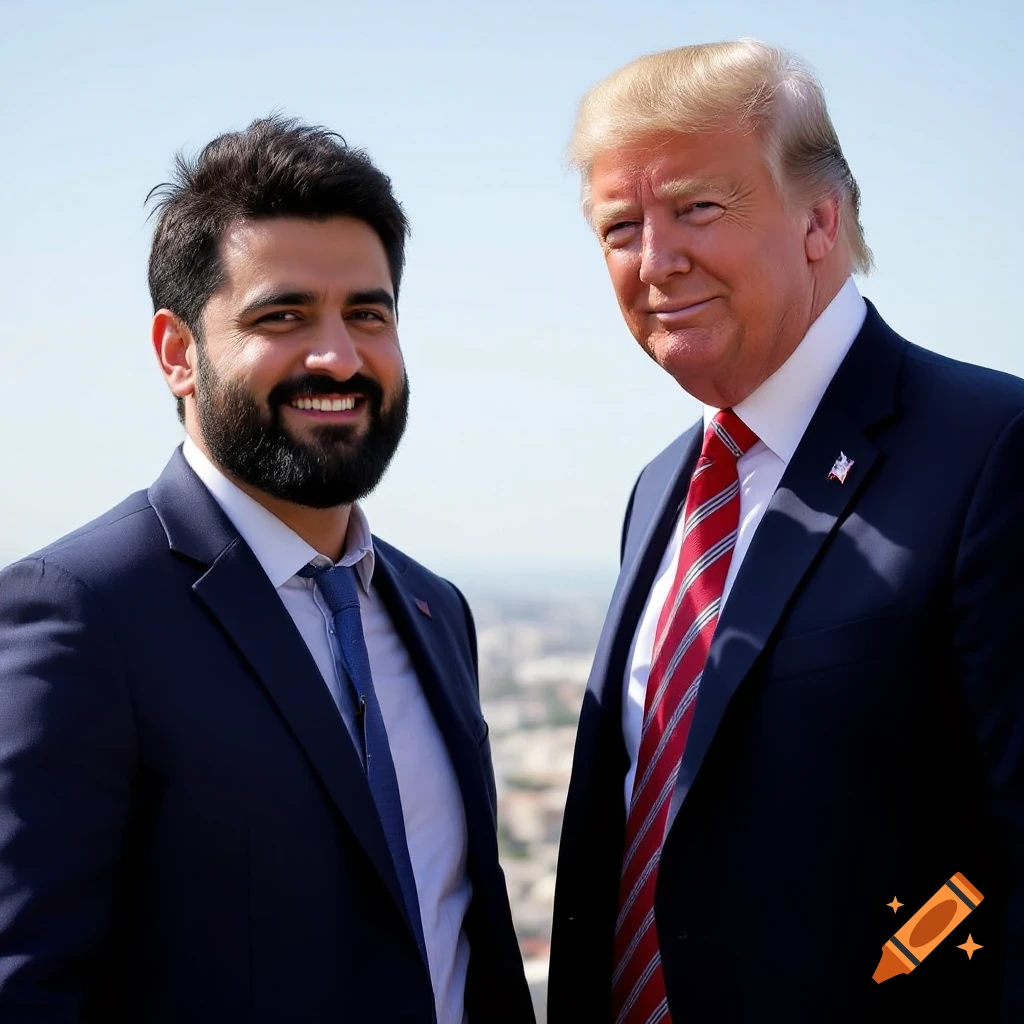 Two men in suits stand smiling outside with a blurred city background.